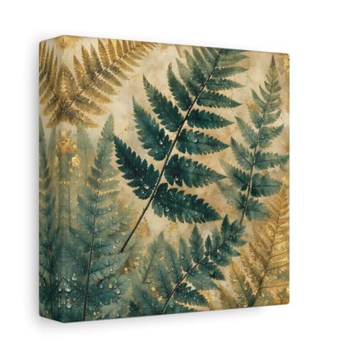 Art mural fougère nature vert et or de qualité premium 15x15 cm