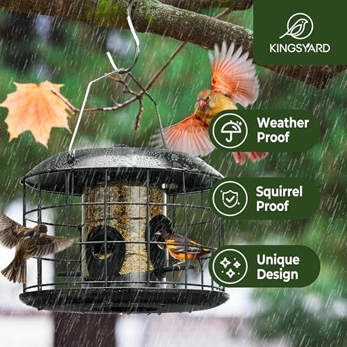 Kingsyard Eichhörnchensicher Vogelfutterspender zum Aufhängen im Freien - Wetterfeste Röhre Vogelfutterstation mit 4 Futteröffnungen & Sitzstangen, einfach aufzuhängen & nachzufüllen Schwarz