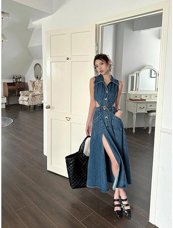 ChenKongHai Blue Denim Sleeveless Dress Outfits Women Summer