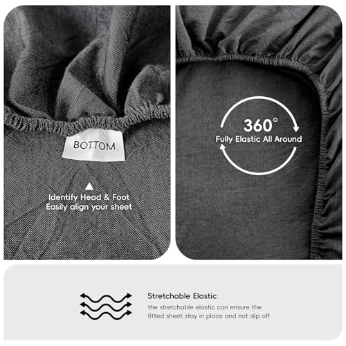 MooMee Fitted Bottom Sheet Only 100% Washed Cotton Linen Like Textured Breathable Durable Soft Comfy Deep Pocket Fits Mattress up to 17" (Dark Grey, Twin) by MooMee - Image 4