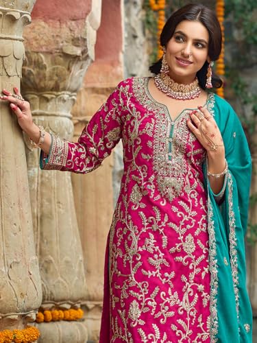 Image of INDO ERA Women's Silk Blend Embroidered Straight Kurta & Pant With Dupatta Set (IEOUT10592)