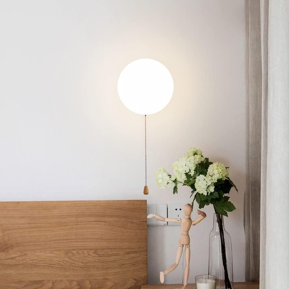 Globe Wall Sconce White Glass Wall Mount Light with Pull Chain Switch, Modern Wood Pattern Wall Lamp G9 Headboard Reading Lights for Bedroom Bedside Living Room Corridor
