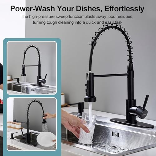 Image of Kitchen Faucets with Pull Down Sprayer and Soap Dispenser, Matte Black Stainless Steel Single Pull Out Spring Sink Faucet, 3 Function Sprayer 1 or 3 Hole Deck Plate for Farmhouse Rv Bar