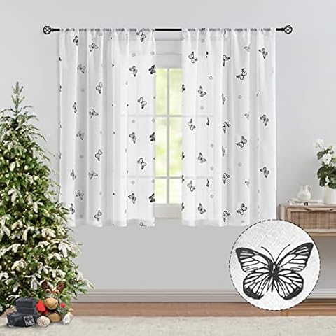 White Sheer Curtain Panels Black Butterfly Floral Pattern Design Drapes 54 Inches Long, Girls Kids Bedroom Textured Window Curtains Light Filtering Rod Pocket Top Drapery, Set of 2 Cover