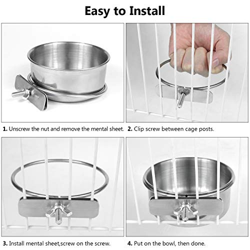 Birds Food Water Cup Parrot Food Bowl with Clamp Holder Stainless Steel Feeding Cage Dish Parrot Feeders Hanging Water Coop Bowls with Bracket Holder for Bird-lover and Small Animal (10cm/3.9in)