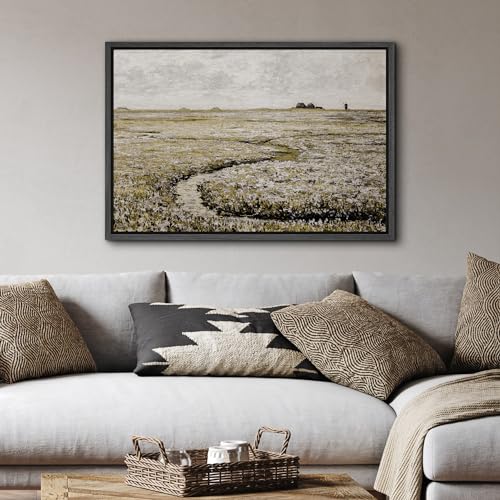 Framed Canvas Print Coastal Meadow Illustration for Living Room, Bedroom, Office - 16x24 BLACK