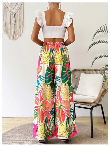 WDIRARA Women's Tropical Floral Print Elastic Waist Wide Leg Pants Palazzo Pants3