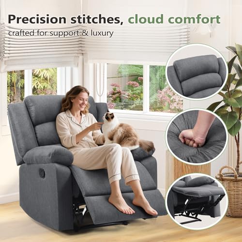 Image of ANJ Fabric Recliner Chair Set of 2, with Overstuffed Arm and Back, Comfy Gray Manual Reclining Chairs for Adults, Living Room Single Sofa Recliners
