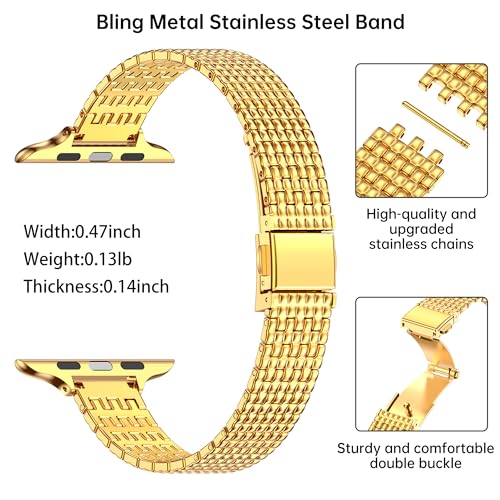 MioHHR Slim Metal Band Compatible with Apple Watch Bands 49mm 46mm 45mm 44mm 42mm(Series 3/2/1),Thin Stainless Steel Chain Strap for Women iWatch Ultra3/2/1 Series 11 10 9 8 7 6 5 4 SE3/2/1,Gold by MioHHR - Used condition - Image 5