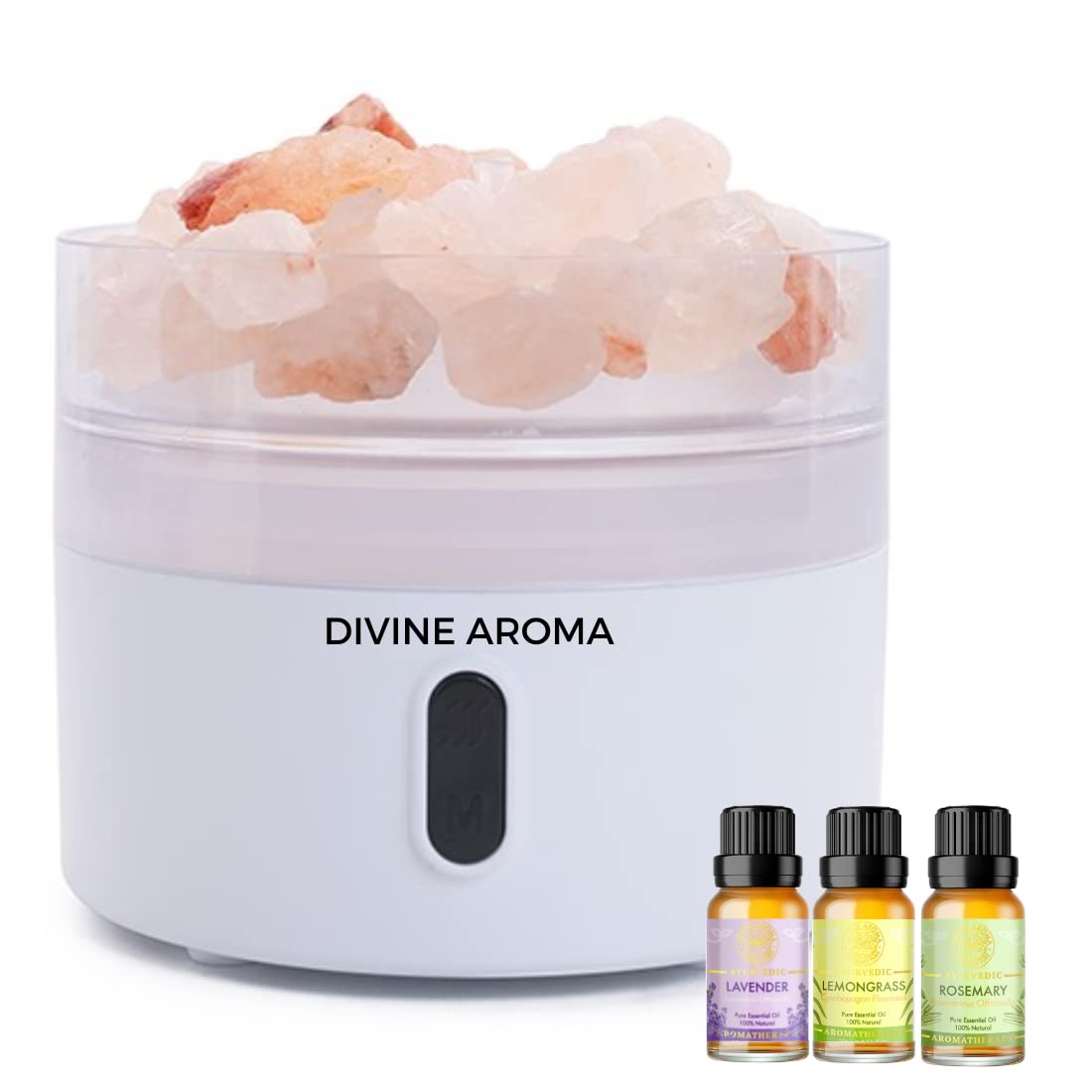 Divine Aroma Portable Himalayan Rock Salt Lamp Aroma Diffuser & Lavender Lemongrass Rosemary 100% PURE & Natural Essential Oils Multi Purpose Set For Home Fragrance, Aromatherapy, Skin Care, Skin Whitening, Hair Growth & Care, Personal Care & Bath