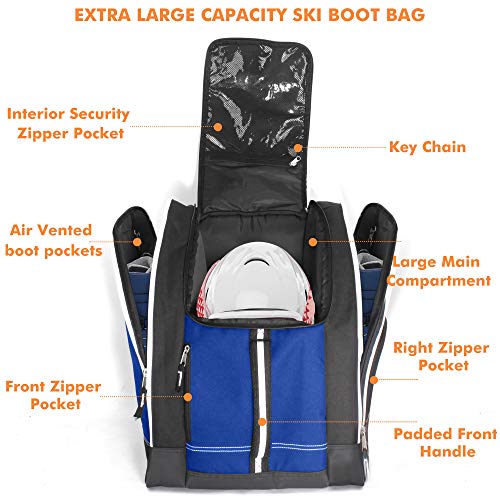 CREPRO Ski Boot Bag - Skiing and Snowboarding Travel Backpack for Storing Boots, Jacket, Helmet, Goggles, Gloves & Accessories | Venting and Grommets for Snow Drainage - for Men, Women (Blue) - Thumbnail 2