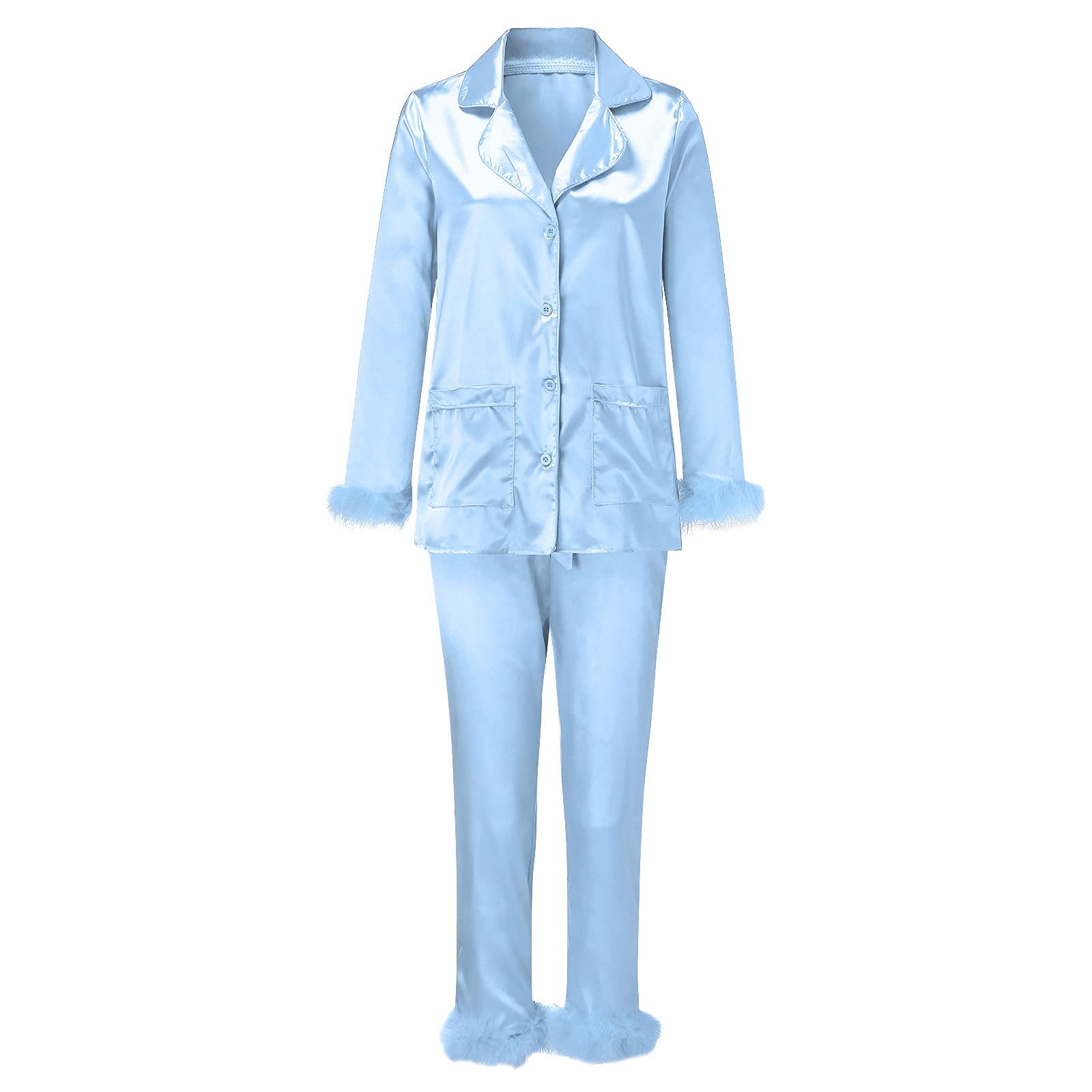 Conjunto de pijama cómodo con plumas de satén para mujer, de algodón, cómodo, de algodón, suave, con solapa, botones, color sólido, acogedor, conjunto de pijama, ropa de descanso, pijama