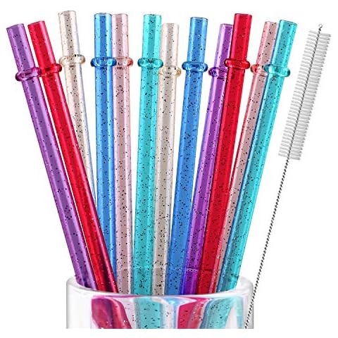 12 Pieces 10 Inches Reusable Plastic Straws for Tall Cups and Tumblers, 6 Colors BPA-Free Unbreakable Clear Glitter Sparkle Drinking Straw with 1 Cleaning Brush, Not Dishwasher Safe Cover