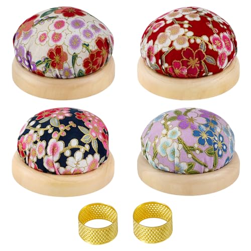 XFSRG Set de Couture Vintage 4 Coussins Épingles Couture Floraux avec 2 Doré Dés Coudre Set de Coussins en Bois Rond Coussin pour Pelote a Épingles Accessoires Kit Couture Mercerie (Set1)