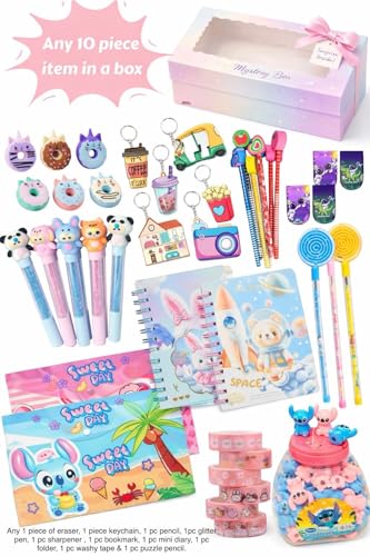 Image of Le Delite Kids Stationery goody Gift Box, any 10 Piece Cute Items, Party Return Gifts, Birthday Favors, School Supplies with Pen, Pencil, Eraser, Sharpener, Keychain, Diary, Bookmark, Folder, Tape