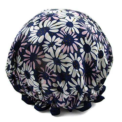 Shower Cap for Women,Quanchen Reusable Bath Cap with Double Layer Lined, Waterproof & Durable-Great for Girls Spa Home Use,Hotel and Hair Salon (02 Navy Blue Flower)