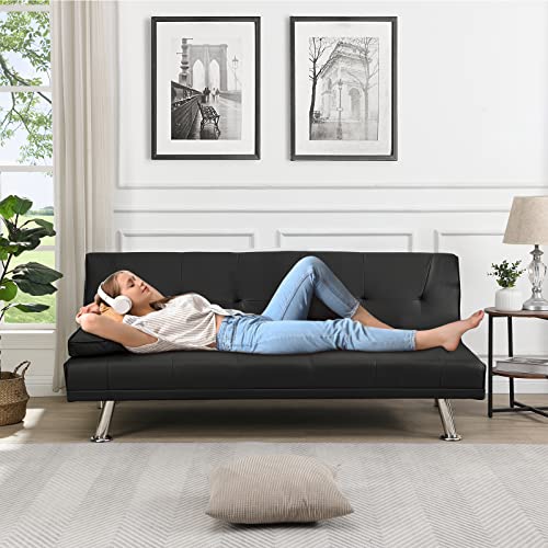 Antetek Futon Sofa Bed, Modern Convertible Upholstered Faux Leather Loveseat Sleeper Sofa Couch W/7 Adjustable Positions, Cup Holder For Living Room, Bedroom, Studio, Office, Black #TOP2