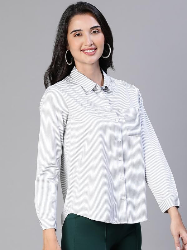 Image of Oxolloxo Women Stripe Print Soild Grey Collared Cotton Shirt