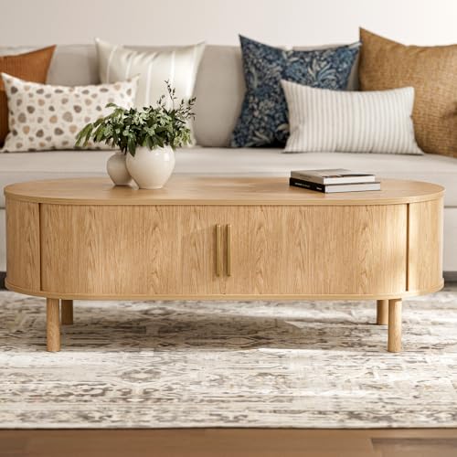 Image of ZttRiee Oval Coffee Table with Sliding Doors, Modern, Natural | 47.24 inchL x 21.65 inchW x 16.14 inchH, 200 lbs capacity, 2 front & back storage areas, ~60 min assembly