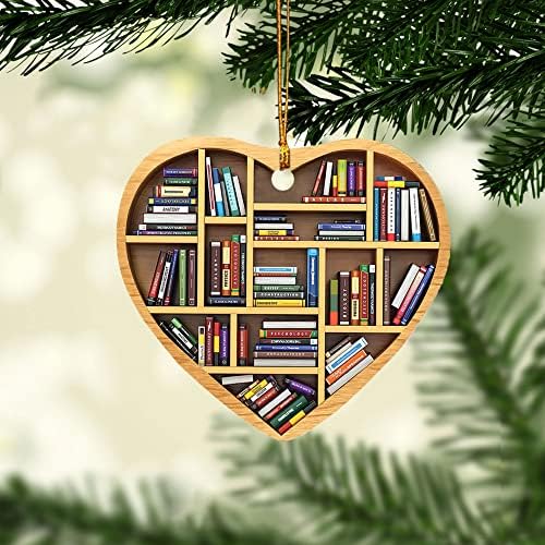 Talataca Bookshelf Heart Shape Book Lovers Nerd Bookworm Reader Writer 2D Flat Car Rear View Mirror Accessories Christmas Tree Ornament Decoration Hanging Charm Interior Rearview Pendant Decor Gift