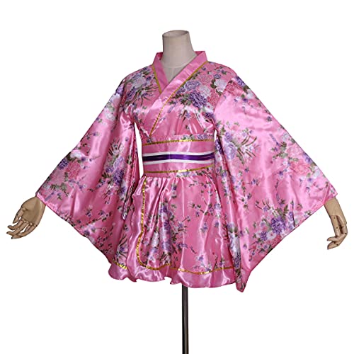 Image of HUAHUA Women's Sexy Short Kimono Dress Floral Print Japanese Traditional Geisha Robe Bathrobe Skirt Belt Outfit