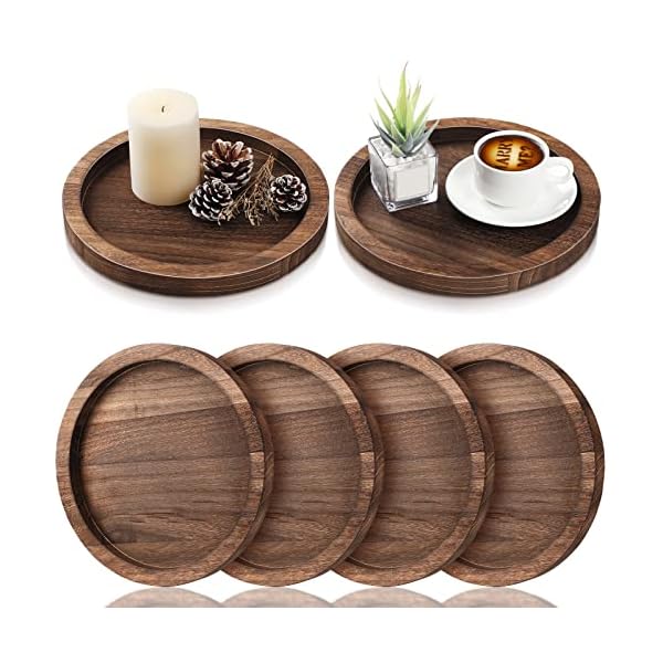 Sintuff 6 Pcs Rustic Wood Decorative Tray Farmhouse Wooden Tray Serving Round Tray Decorative Candle Holder Trays for Vintage Centerpiece Home Decor Coffee Table Countertop Kitchen Living Room