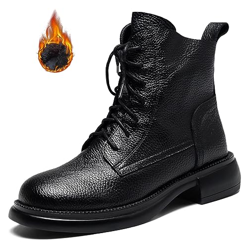 Optigard Women's Leather Lace-up Ankle Boots with Side Zipper Comfortable Round Toe Platform Low Block Heel Booties Combat Ankle Boots