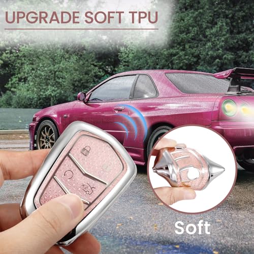 Image of Car Key Fob Cover for Cadillac XT6, Rhinestone Wristlet Case, Pink