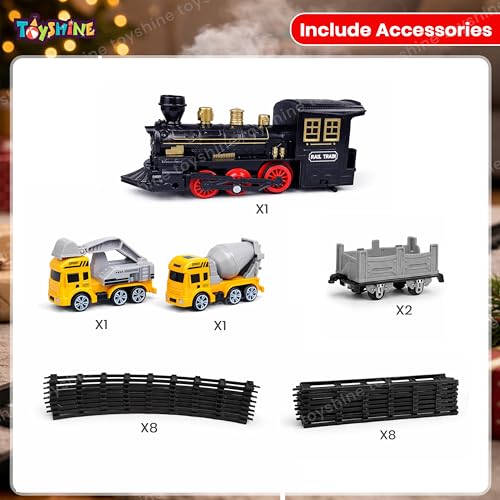 Image of Toyshine Classic Electric Train with Spray Function | Steam Mist Train with Light & Music | Track Set with Cargo Wagons & Vehicles | Realistic Railway Toy Set for Kids 3+