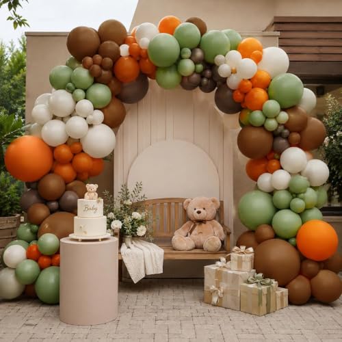 Image of Green Brown Orange Balloon Garland Double Stuffed Fall Thanksgiving Balloon | Sage Green White Cream Beige Balloon Arch Kit for Baby Shower Birthday Dinosaur Woodland Pumpkin Party Decorations