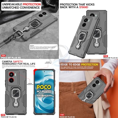 Image of AESTMO Armor Back Cover for Poco M7 Plus 5G | Ring Holder & Kickstand & Camera Protection in-Built | 360 Degree Protection Back Case Cover (Black)