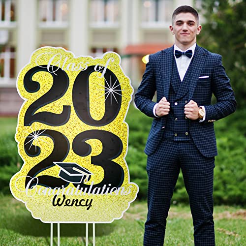 35 Inch New 2023 Graduation Decoration Large Grad Yard Signs- Gold Flashing Personalized Name Graduation Lawn Sign Glitter Waterproof Congrats Grad Sign With Stakes For Graduation Party Outdoor Decorations #TOP5