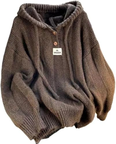 Oversized Chunky Grandpa Pullover Sweater Vintage Aesthetic Clothes Harajuku Knit Drawstring Hooded Top Y2K Knitwear (Coffee,One Size)