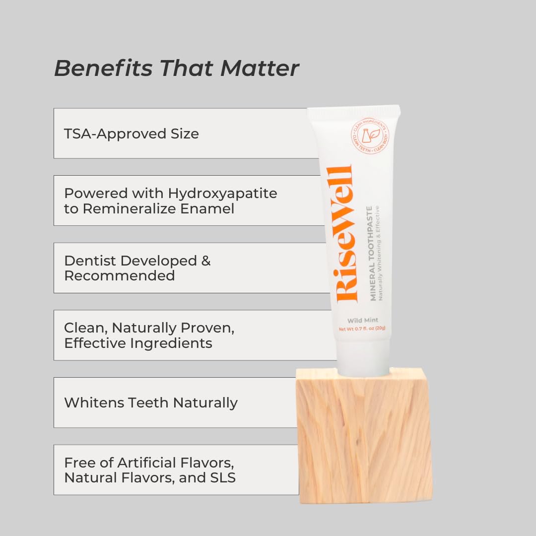 RiseWell Travel Mineral Toothpaste - TSA Approved - No Added Fluoride and SLS Free Travel Size Toothpaste Made by Dentists, Enamel Repair for Stronger, Healthier Teeth (Wild Mint), Made in the USA