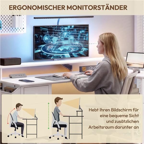 Yaheetech Schreibtisch mit 4 Schubladen & 2 Regalen, 140x68 cm Eckschreibtisch mit Monitorständer, L Form mit USB & Steckdose, Wendbarer Gaming Tisch für Büro, Arbeitszimmer, Schlafzimmer, Weiß