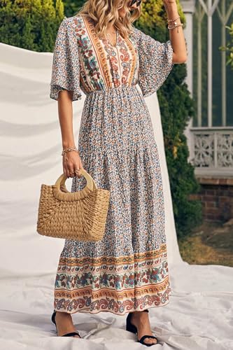 Image of PRETTYGARDEN Women's Casual Summer Boho Floral Print Dress V Neck Short Sleeve High Waist Long Maxi Beach Dresses