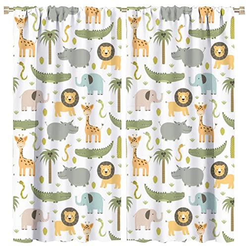 Baby Safari Animal Curtains,Woodland Jungle Cute Cartoon Elephant Lion Room Darkening Door Window Rod Pocket Curtain for Nursery Kids Bedroom Living Room W52xL84in