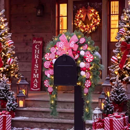 Image of Yinder 24 inch W Christmas Mailbox Wreath Swag with Red White Bow, LED Lights