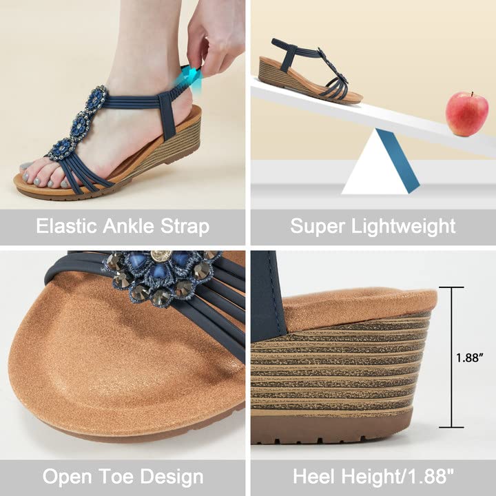 Image of HARENCE Wedge Sandals for Women Dressy: Comfortable Elastic Ankle Strap Low Heel Open Toe Flower Summer Shoes