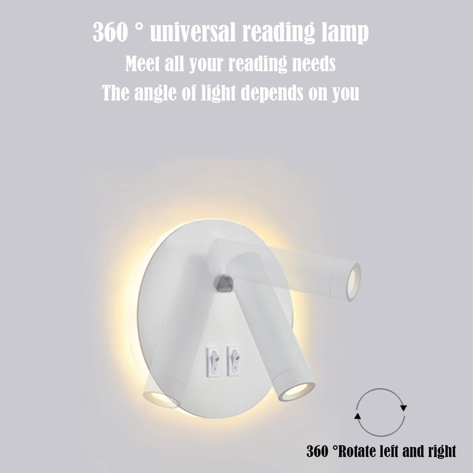 Lampa ścienna uksunvi LED, lampa ścienna do czytania nocnego, 12W lampy do czytania ścienne LED, regulowane reflektory (3W +9W 3000K ciepłe światło) czarne (Okrągły biały)