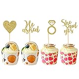 36pcs Cupcake Toppers, Gold He Asked She Said Yes Cake Topper Bridal Shower Cupcake Picks Decorations for Wedding Engagement Party Supplies