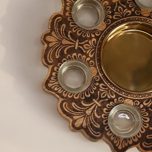 Image of BEHOMA Wooden Urli Bowl with 6 Tea Lights, Natural Wood, 12 inch | Natural wood mandala urli with 6 tea lights; ideal centerpiece for Diwali, rangoli & festive gifting.