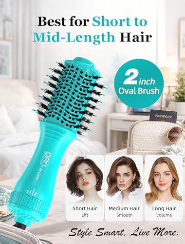 Image of Mini Travel Ceramic Blow Dryer Brush,2Inch Oval Styling Hot Air Brush, Cyan | Lightweight Design for Root Lift, Volume and Smoother Styling on Short to Medium Hair