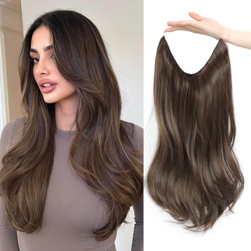 Flyroseing Halos Hair Extension 18 Inch Soft Brown Synthetic Hair Extensions Body Wavy Secret Hairpiece with Transparent Wire Adjustable Size 2 Secure Clips Fiber