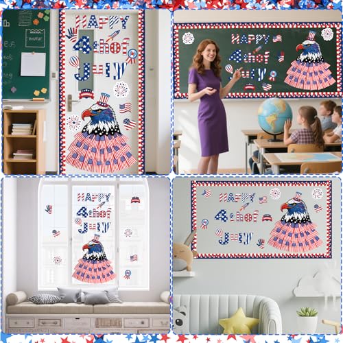 Image of 4th of July Bulletin Board Decorations Set, USA Patriotic Decor with Red White Blue Flags Board Border Paper Firework, Independence Day Cartoon for Memorial Veterans Day Classroom Door Party Supplies
