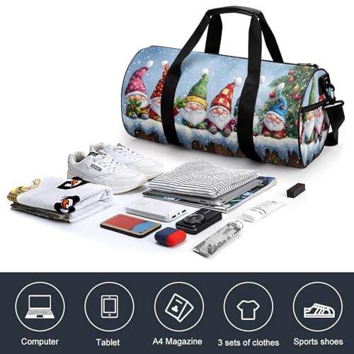 Christmas Gnomes Sitting on Wooden Fence Travel Gym Bag for Women Men Colorful Checkered Hats Cylindrical Duffle Bag Sport Workout Bag with Shoulder Strap4