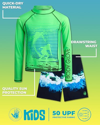 Body Glove Boys Swim Set - 2 Piece Boys Swim Trunks with Rash Guard UV Protection Swimsuit Kids Bathing Suits (Sizes 4-12)2
