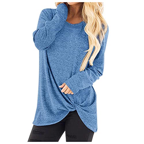 Aniywn 2022 Holiday Shirts for Women Solid Color Casual Long Sleeve Shirts Loose Fit Twist Knotted Tunic Blouses Light Blue