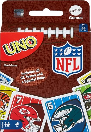 Mattel Games Juego de cartas UNO NFL para niños, adultos y noche familiar, cuenta con logotipos de los 32 equipos de la NFL y una regla especial