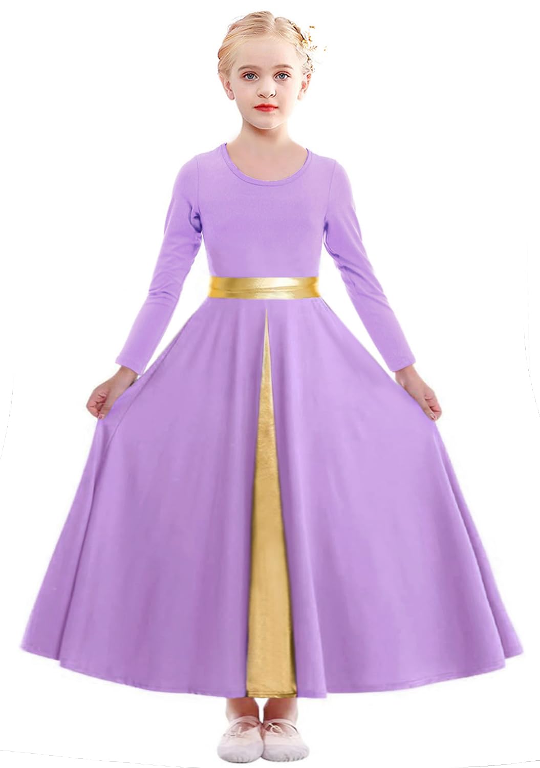 ELLYDOOR Girls Long Sleeve Praise Dance Dress Swing Skirt Liturgical Worship Costume Church Robe Dancewear